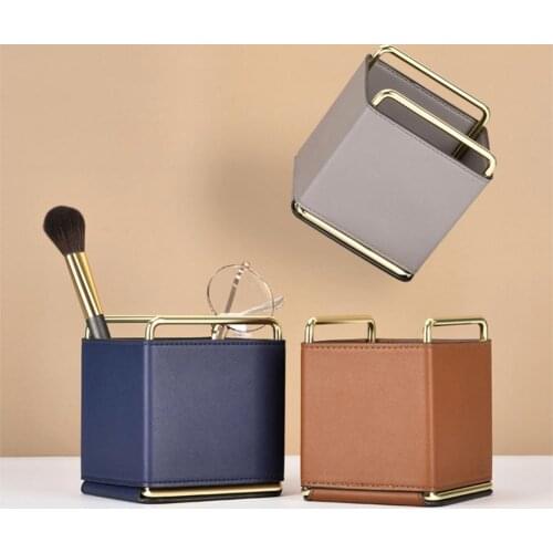 Desktop Storage Box Simple Multifunctional Nordic Style Square Faux Leather Pen Holder for Home