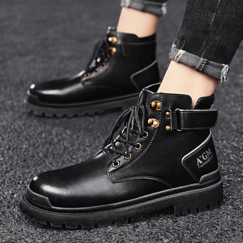 New High Quality Leather Boots Male Casual Motorcycle Ankle boots for men Lace-Up Basic Tooling shoes Man Winter Warm Boots