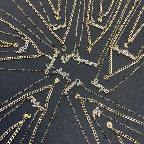 Gold Color 12 Constellation Letter Necklace Trendy Multilayered Crystal Thick Chain Necklace Virgo Leo Jewelry Birthday Gift