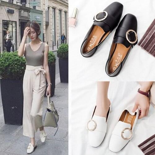Size 34-42 british leather shoes summer retro flats two wear loafers ladies metal ring decoration slip on shoes sapato feminino