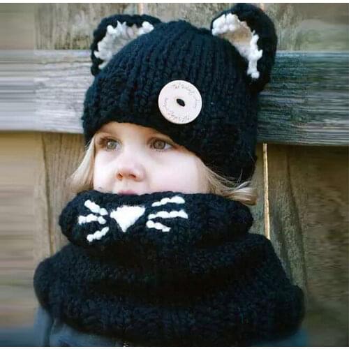 BomHCS Girls cat scarf hat collar wool knitted cap 1-6 years old baby childrens hats