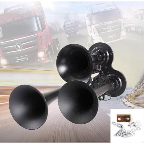12V/24V 150DB Universal Black Metal Compact Car Air Horn Kit Triple Trumpet Ultra Loud 3 Tone Sound for Motorcycle Car