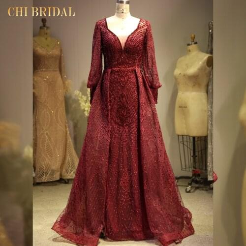 Elegant Retro Red V-Neck Evening Dress French Light Gauze Long-Sleeved Tail Evening Dress Comfortable Fabric Real Model Picture