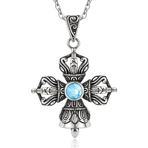 Antique Vintage Sterling Silver Jewelry Ocean Blue Natural Larimar fleur-de-lis Cross Pendant in 925 Sterling Silver Gift
