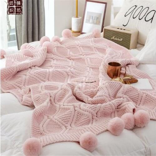 Knitted Blanket Sofa Throw Blankets Cotton Pompom Baby Blankets Crochet Blanket For Bed Sofa Cover Knitted Carpet 160*130cm
