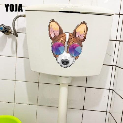 YOJA 18.8×22.8CM Personality Cartoon Dog Wearing Glasses Toilet Decoration Home Room Wall Stickers T1-2898