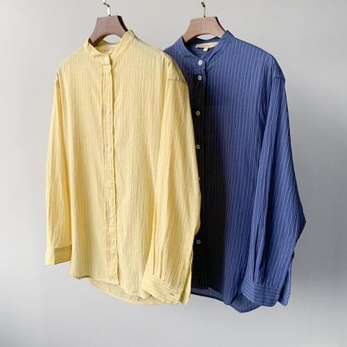 Women Shirt Lightweight Yarn-dyed Stripes Commuter All-match Loose Shirt 100% Cotton
