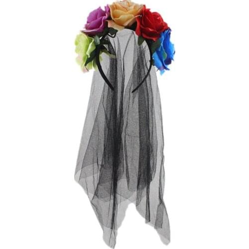 Women Rose Flower Crown Veil Costume Headpiece Headband for Halloween Day of The Dead