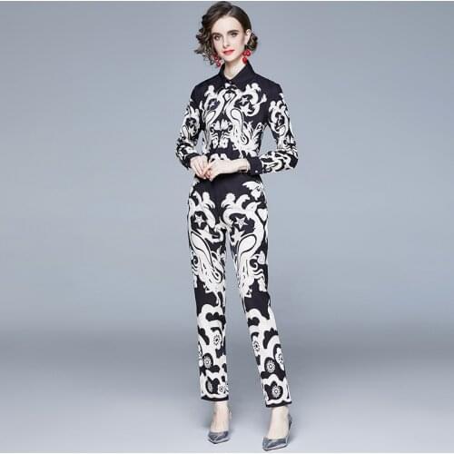 Autumn Fashion Runway Sets 2021 New Temperament Long Sleeve Printed Blouse + Pants Suit 2 Piece Lady Office Two Piece Outfit