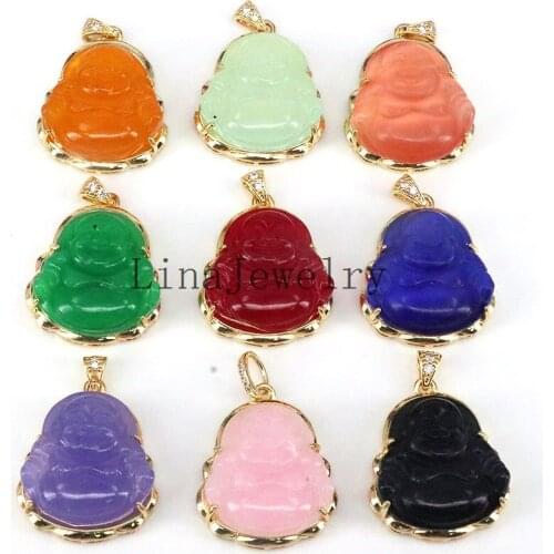 5Pcs,New Colorful Jade Buddha Gemstone Pendant, Gold Laughting Buddha Necklace Charm, Laughing Buddha Buddhism Religious Jewelry