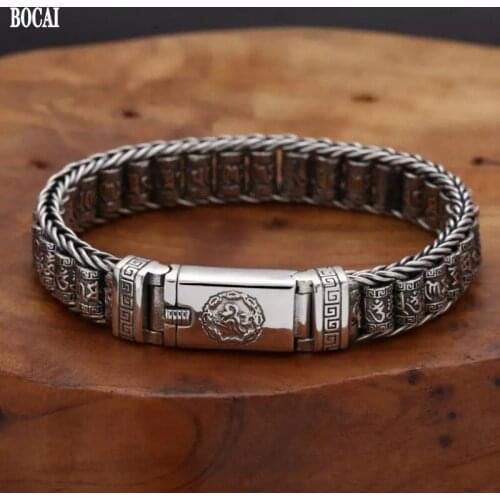 BOCAI Solid 100% Real S925 silver jewelry hand-woven six-character mantra roller rotatable retro personality man bracelet