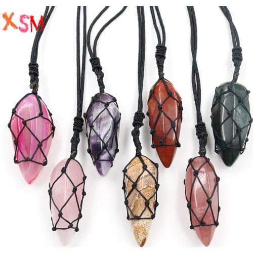 Xinshangmie Irregular Handmade Weave Wrapped Natural Rose Quartzs Red Stone Rope Chain Bohemian Necklace Fashion Boho Jewelry