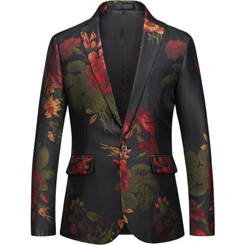 Flower Print Blazer Jacket Single Breasted One Button Cotton Suit Men Blazers Party Wedding Performance Stage Costume Homme