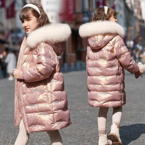 -20 Degrees 2021 Winter Childrens Down Jacket Girls Pink Warm Down Long Coat Girls WInter Thick Coat Hooded Waterproof Snowsuit