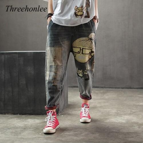 Women Autumn Korean Jeans Fashion Brand Vintage Cartoon Dog Little Girl Print Denim Jeans Female Casual Frayed Harem Pants