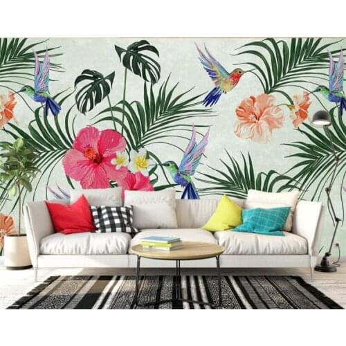 Custom Photo Wallpapers Hand Painted Watercolor Tropical Leaves Birds TV Sofa Background wall sticker 3D wallpaper