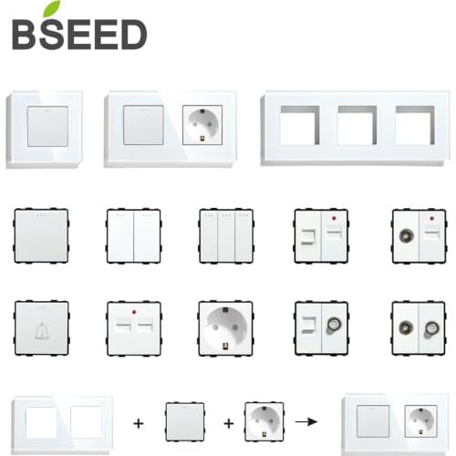 BSEED Mvava DIY UK EU Standard TV Satellite USB Socket Button Switch With Crystal Glass Frame Panel White Home Improvement