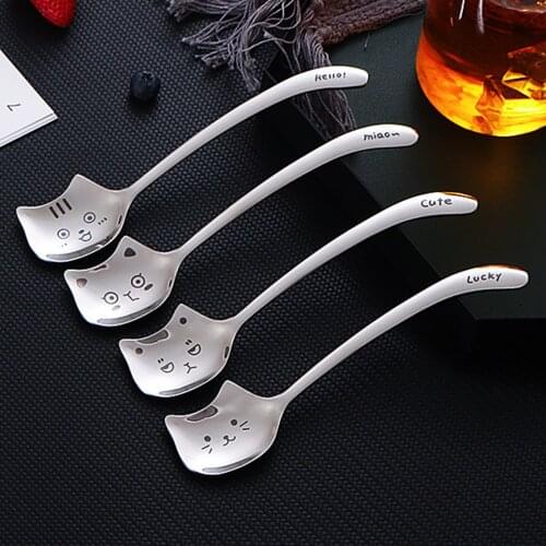 4pcs Cute Cat Coffee Spoon 304 Stainless Steel Cat spoon Teaspoon Long Handle Flatware Gift Tableware Coffee accessories