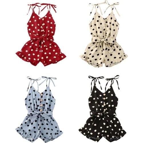 Summer Infant Baby Girls Heart Print Rompers Overalls Sleeveless Button Jumpsuits With Belt