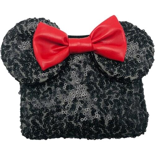 Disney Mickey Mouse Ear Sequin Coin Purse Children Personality Creative Sequin Bow Change Purse Female Lipstick Bag