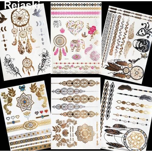 Dream Catcher Temporary Golden Metal Tattoo Stickers Ganesha Girl Indian Chain Henna Mandala Flower Flash Tattoo Women Tatto leg