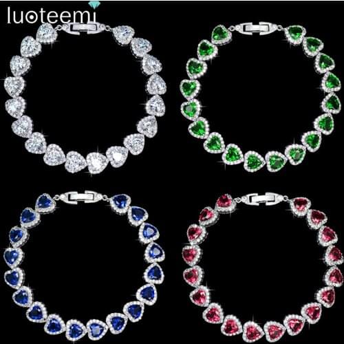 LUOTEEMI Trendy Heart Shape 4 Color Option AAA 6*6 Heart Zircon Stone Bracelets Bangles for Women White gold-Color Jewelry Gift