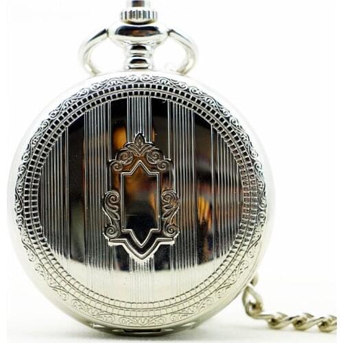 Men Women Roman Numerials Open Face Mechanical Carved Pocket Watches Silver Necklace Chain Fob Pocket Clocks