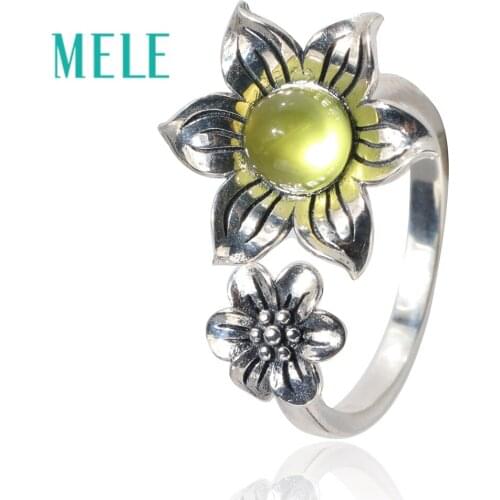 Natural yellow prehnite 925 sterling silver rings for women.6mm round cut gemstone cute flowers shape fashion and trendy