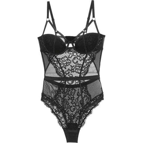 2021 New Black Sexy Hollow Out Lace Half Cup Bodysuit with Push Up Bustiers Corsets Underwear Thin Lined Women Lingerie