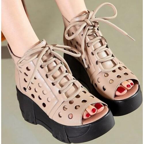 2021 New Fashion Ladies Sandals Openwork Gladiator Sandals Women Flat Sandals Female Open Toe Genuine Leather Summer Cool Boots