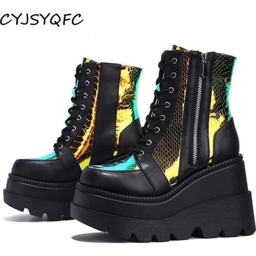 CYJSYQFC New Women Ankle Boots Fashion Increase High Wedges Lace Up Side Zipper Short Boots Mixed Colors Patchwork Ladies Shoes