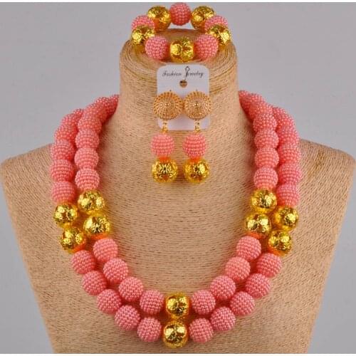 Peach 24 inches long necklace african jewelry set simulated pearl nigerian beads FZZ18