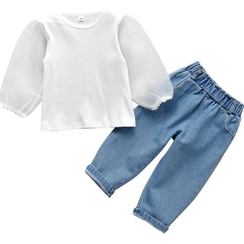 Infant Kids Baby Girls Casual Two-piece Clothes Set, White Round Collar Tops with Yarn Sleeves Design and High Waist Jeans 1-6T