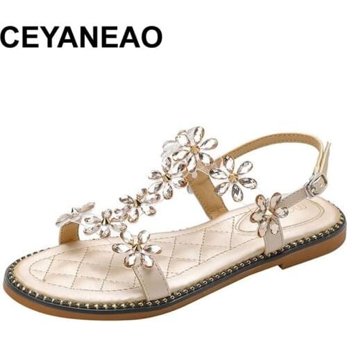 CEYANEAOGladiator Flat Womens Sandals Summer Stylish Casual Luxury Rhinestone Breathable Open Toe Beach Shoes