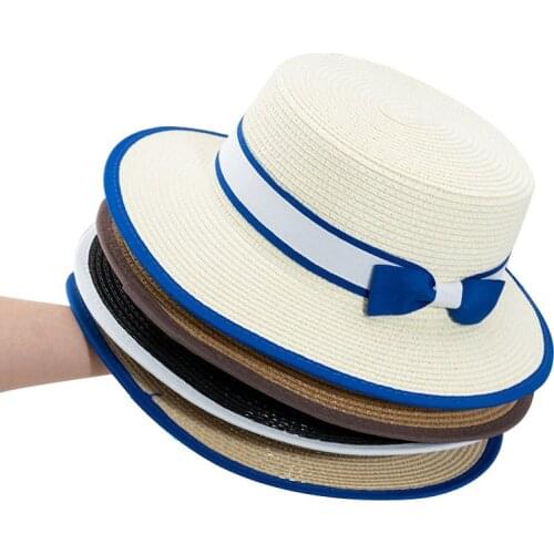 New Summer Women Boater Beach Hat Wide Silk Female Casual Panama Hat Lady Classic Flat Bowknot Straw Sun Hat