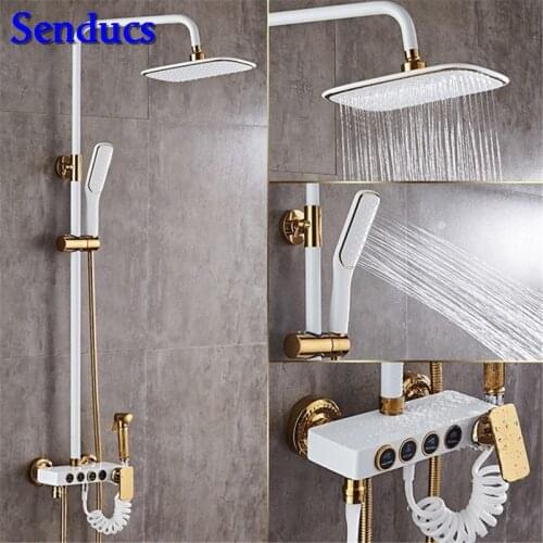 Bathroom Luxury black white Golden shower set with antique gold shower set of brass bathroom Shower faucet Bathtub Faucet