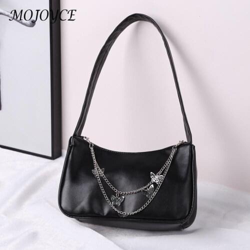 Fashion Butterfly Chain Shoulder Underarm Bag Ladies Vintage Pure Color Zipper Mini Purse Handbag PU Leather Small Womens Bags