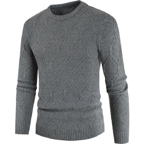 2020 Latest Rhombic Designs Grey Thick Men Sweater Winter Warm Acrylic Round Neck Top Pullover Retro Casual Knit Sweater For Men