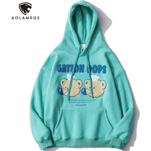 Aolamegs Harajuku Hoodie Mens Cartoon Beart Letter Embroidery Sweatshirts Couple Autumn Fleece Pullovers High Street Streetwear