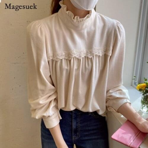 Korean Ruffle Half-turtleneck Blouse Women Pleated Lace Chic Stitching Lantern Sleeve Pullover Slim Cotton Bottoming Shirt 12487