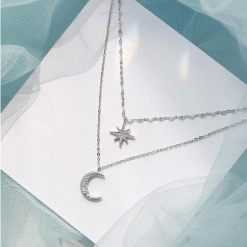 Exquisite Fashion Silver Color Star Moon Double Necklace Womens Clavicle Chain Shiny Zircon Fashion Jewelry Accessories