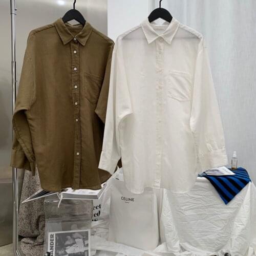 Ladies 2021 Fashion New Long Sleeve Sexy Casual Solid Color Linen Loose Shirt 0305