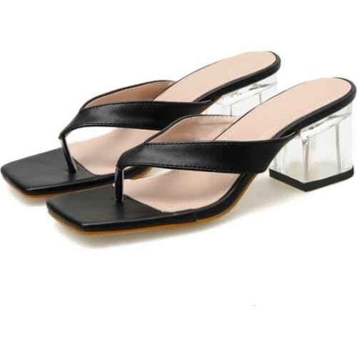 Europe And America Womens Square Head Snakeskin Foot Covering Split Toe Square Heel High Heel Slippers