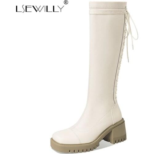 Lsewilly Cosplay style square toe knee high boots lace-up zipper black white brown thick high heel riding boots women shoes