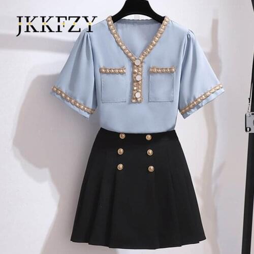 Summer Chiffon Top + Double-breasted Pleated Skirt Set Woman Fashion V-neck Short-sleeved Shirt + Black Short Skirt 2-piece Set