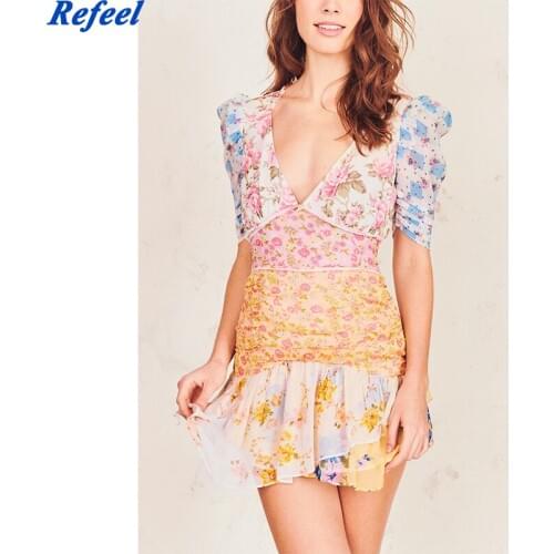 Spring summer women mini dress multicolor patchwork floral print sexy v neck short sleeves sashes holiday beach asymmetric robe