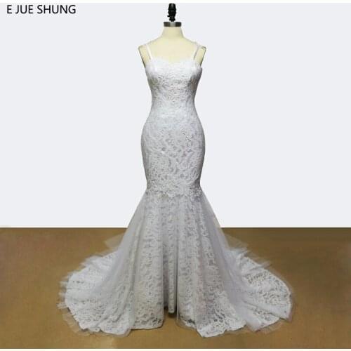 E JUE SHUNG White Vintage Lace Appliques Mermaid Wedding Dresses Backless Spaghetti Straps Wedding Gowns vestidos de novia