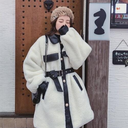 Autumn Winter 2020 Female Jacket New Korean Loose Thickened Casual Lamb Wool Stitching PU Waist Faux Fur Outerwear Womens A84