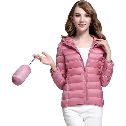2020 Winter Short White Duck Down Puffer Jacket Women Hooded Stand Collar Thin Solid Slim Office Ladies Warm Womens Cold Coat