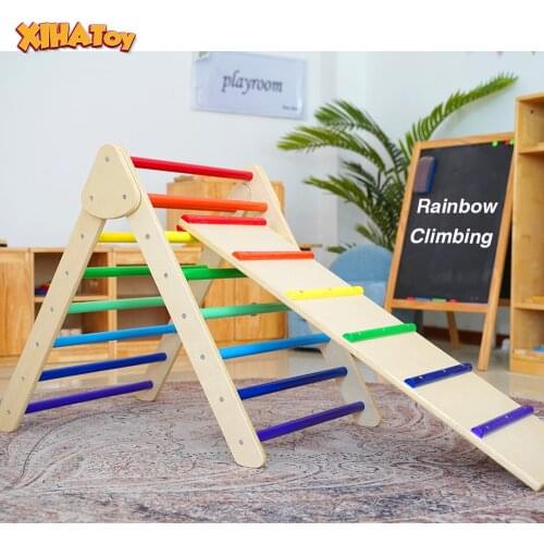 2pcs Rainbow Pikler Triangle Kids Toddlers Montessori Climber Ladder Slide Learning Waldorf Climbing Toy Toddler Balance Wood